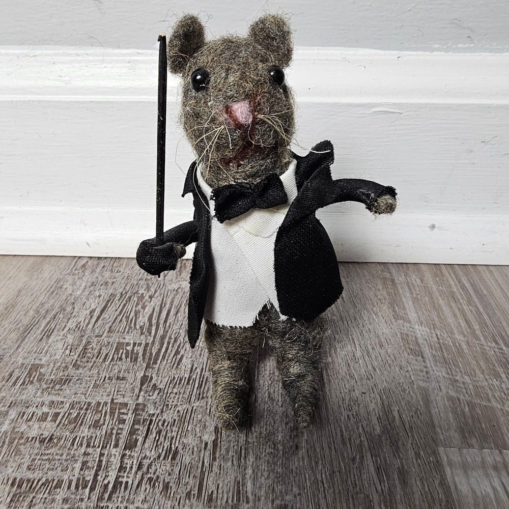 Needle Felted Conductor Mouse Figurine 4.5in Grey Tuxedo Whimsical Music Decor